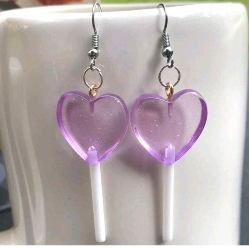 New‎ Purple Heart Translucent Lollipop Sucker Glitter Earrings Long